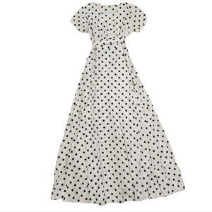 Vintage Womens V-Neck Polka Dot Maxi Dress with Side Slit Size Small with Belt